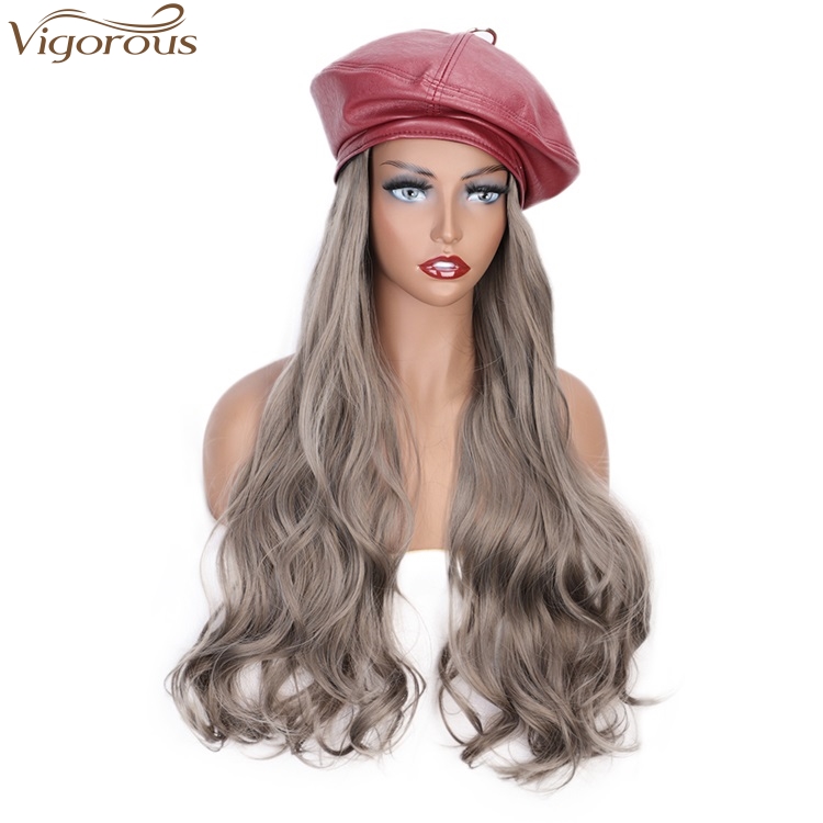 Vigorous Gray Wig With Red hat for Women Synthetic Hair Extensions Wavy Heat Resistant Fiber Hair Extension Wigs