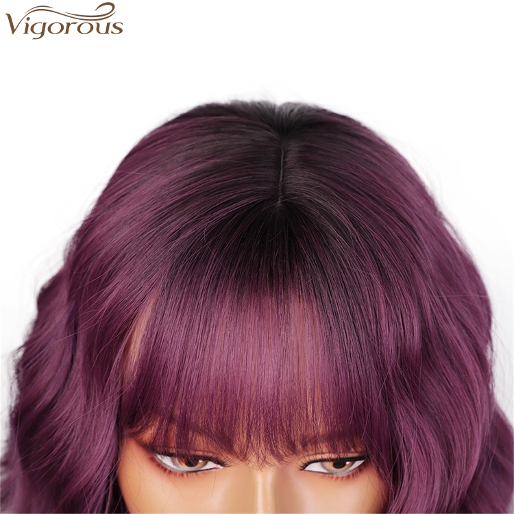 Vigorous Fashion Girl Synthetic Short Wavy Wigs Natural Short Bob Purple Wig With Neat Bangs Heat Resistant Wholesale Price