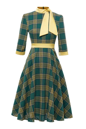 Zipper Back Plaid Vintage Swing Dress With Bow