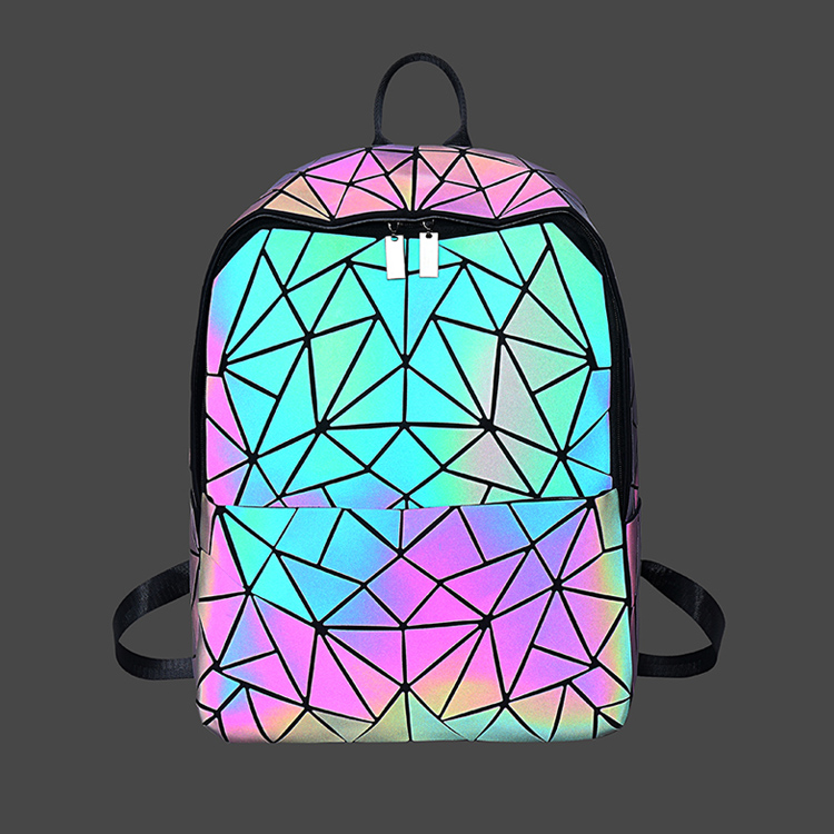 Custom fashion high quality PU leather geometric reflective luminous backpacks for men and women portable backpack for kid sch