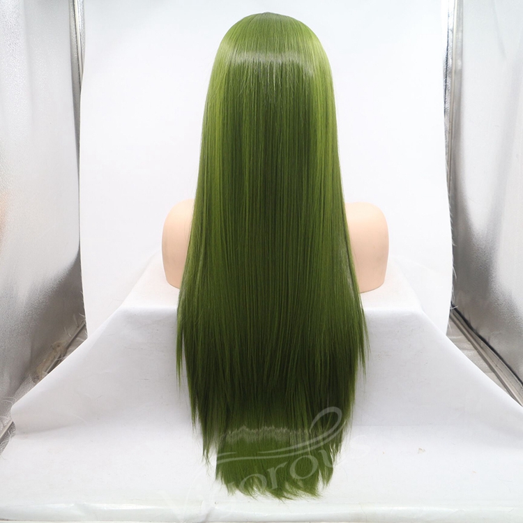 Vigorous mono long green premium high quality straight wholesale black women synthetic hair wigs with lace front