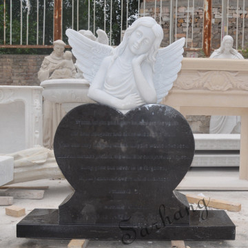 White with black Heart-shaped Marble Angel Tombstone customize epitaph
