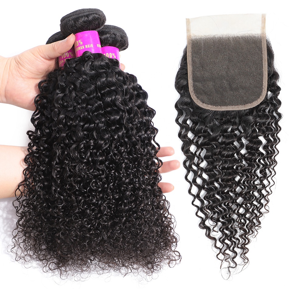 Peruvian Hair Jerry Curly Bundles With Closure 100% Virgin Human Hair Extensions Lace Closure