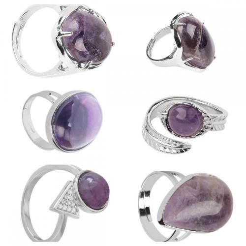 Natural Stone Amethyst Rings Owl Shape Amethyst Crystal Ring for Women Heart Rings for Girl Women Turquoise Adjustable ring