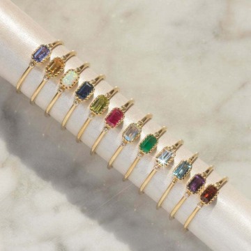Personalized Mothers Day Gift: Dainty Gold Baguette Birthstone Stacking Ring with Family Stones