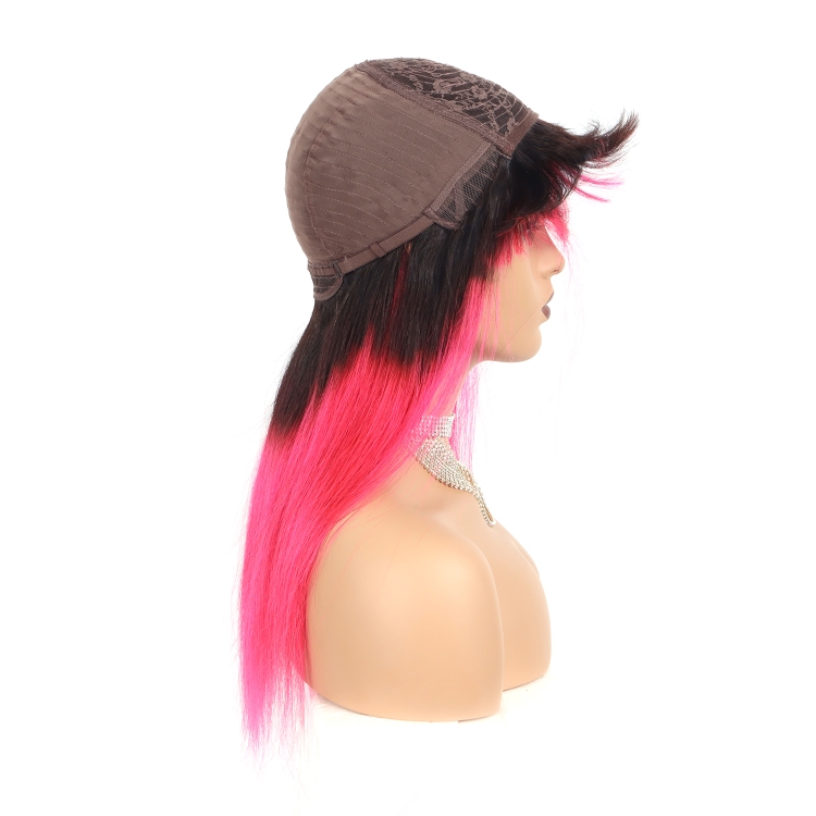 Full Machine Made Wig With Bangs No Lace Human Hair Wigs T1B/Pink Color Straight Human Hair Glueless Wigs