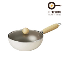 Elegant White Wooden Handle Stir-Fry Pan