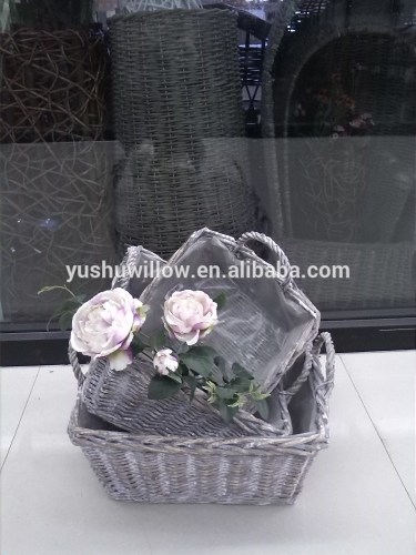 willow flower basket with handle and plastic lining for 3 pcs
