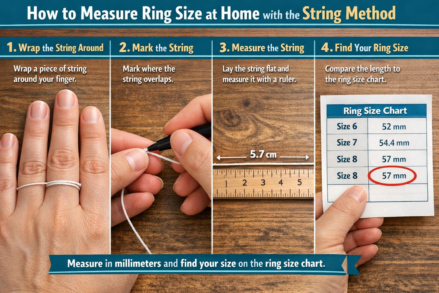 cum să măsori mărimea inelului acasă cu metoda șirului