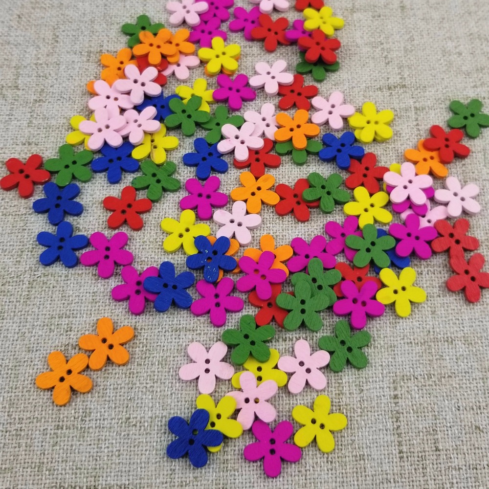 Multicolor 100pcs 14x15mm 2 Holes Mixed Flower Wooden decorative Buttons Fit Sewing Scrapbooking Crafts