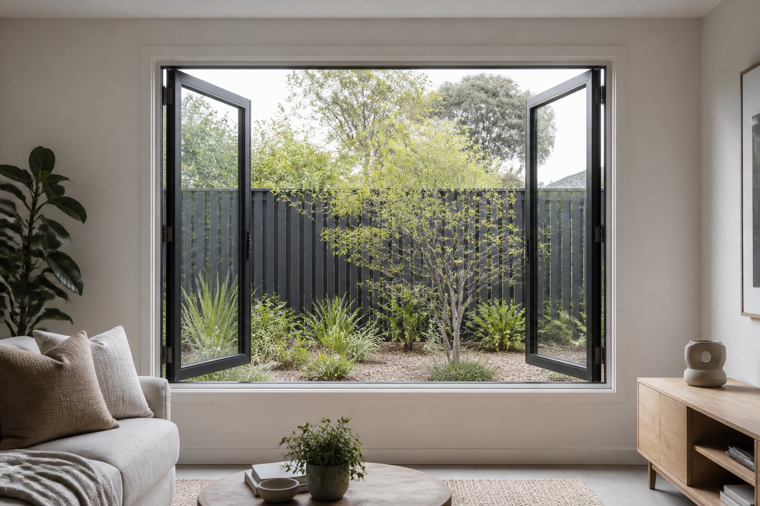 Double casement windows in an Australian home Pair of side-hinged double casement windows open in an Australian living room