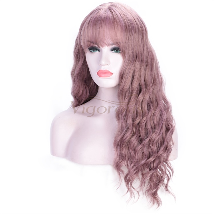 Vigorous Purple Long Natural Water Wave Synthetic Wigs for Women Heat Resistant Fiber Wavy Hair Wig with Bangs Daily Wear