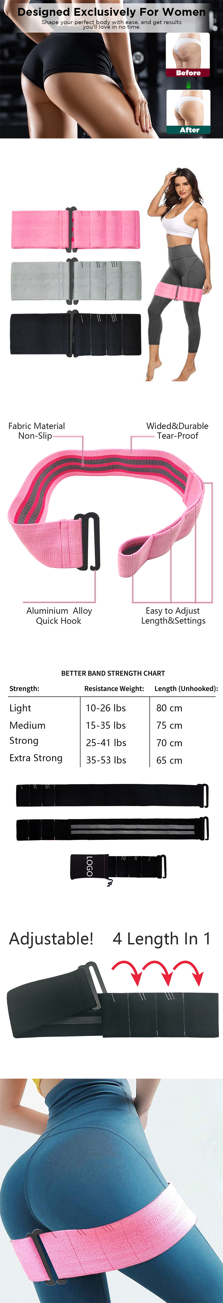 Divtop Adjustable 4 Length In 1 Hook Bands Fabric Resistance Bands, Wide Non-Slip Glute Workout Squat Hip Booty Exercise Bands;