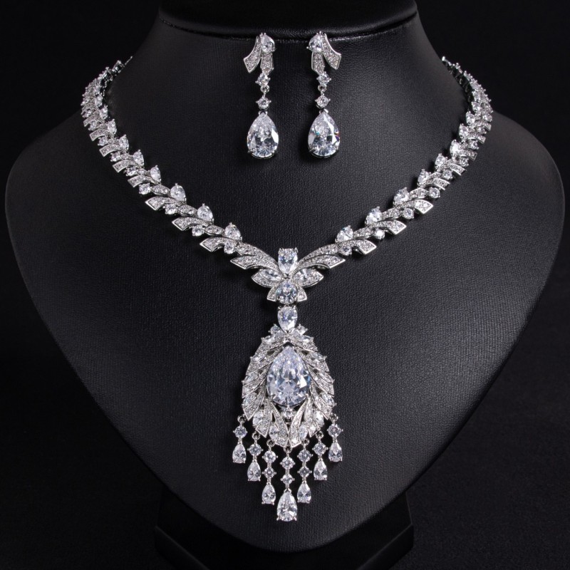 Regal Teardrop Tassel Bridal CZ Jewelry Set