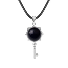 Black Obsidian Round Cabs Silver Alloy Key Pendant Necklace 45cm Black Cord