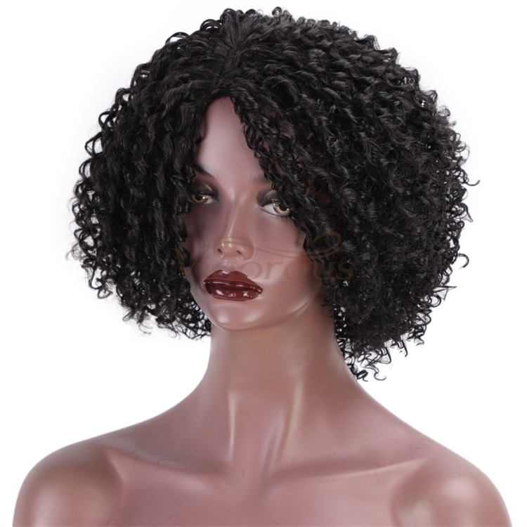 Vigorous Short Afro for Black Women Kinky Curly Synthetic Part Side African American Natural Black Wigs