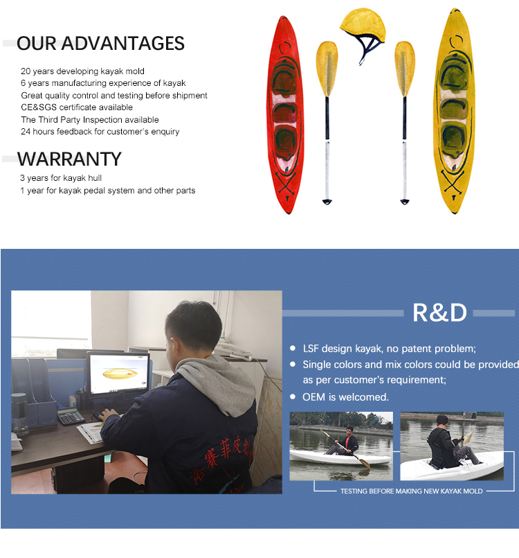 Multy function tandem 2+1 seat fishing kayak with aluminum frame seat in factory price