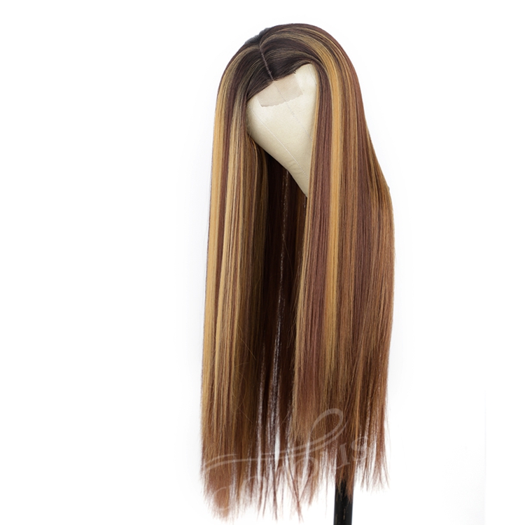 Ombre Brown Highlight Blonde Dark Root Wig Long Silky Straight Wig Middle Part Synthetic Front Lace Hair Wigs For Women