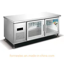 300L Kitchen Freezer Worktable Glass Door Refrigerator Worktable 150cm Direct Cooling Fridge
