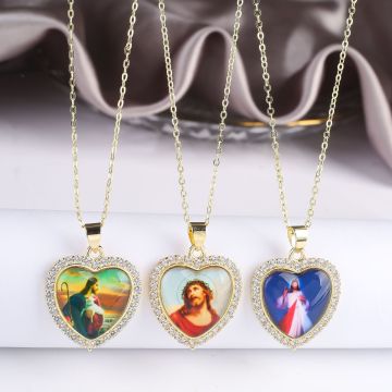 Wholesale Gold Plated Virgin Mary Heart Necklaces with Zircon Stones