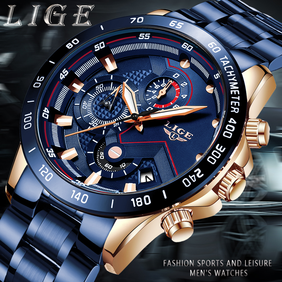 Lige 9982 Top Brand Writs Watches for Men Chronograph Full Steel Waterproof Luxury Reloj Men Watches Quartz