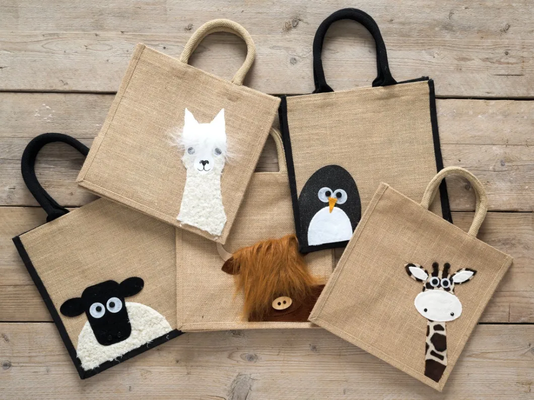 Black Jute Handle Penguin Printed Recycle Hemp Lightweight Jute Tote Bag for Grocery