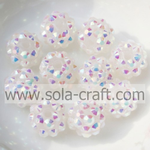 Jelly White AB Resin Rhinestone Chunky Round Beads με τρύπα 10 * 12MM