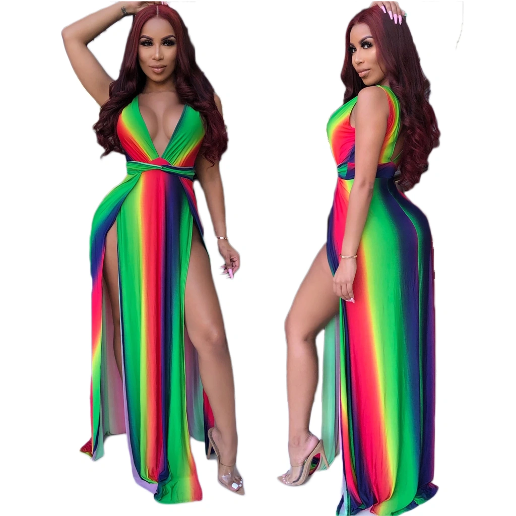 L51696 New Style Summer Casual V Neck Sleeveless Split Rainbow Print Striped Sexy Maxi Dress