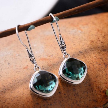 925 Silver Square Synthetic Siopside Pendant Dangle Earring