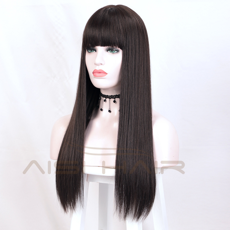 Aisi Hair Top Quality 24 Inch Long Silky Straight Black Lace Wig With Bangs Cheap Synthetic Hair Lace Front Wigs For Women