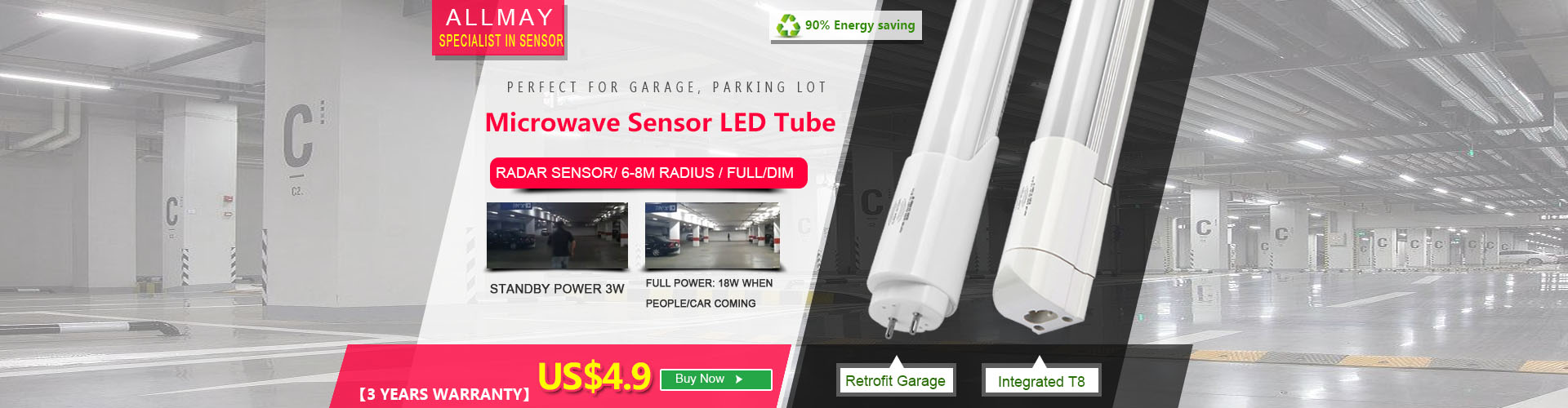 Microwave sensor led T8 for parking lot