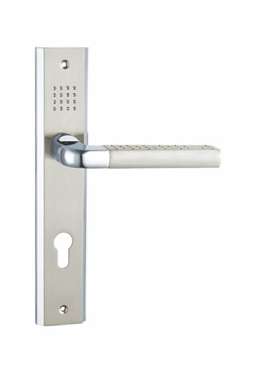 Modern aluminum door handle on plate satin nickel