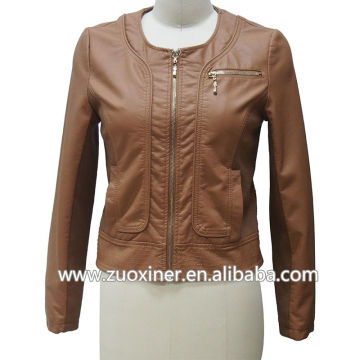 Women's PU leather jacket,round collar faux leather jacket