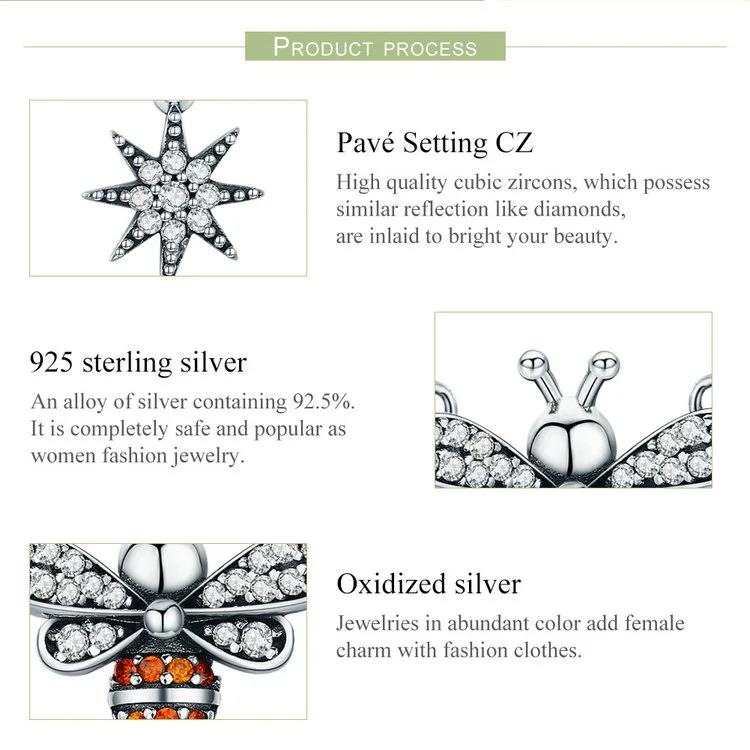 925 Sterling Silver Jewelry Fashion Bee Clear CZ Snowflake Pendant Necklace