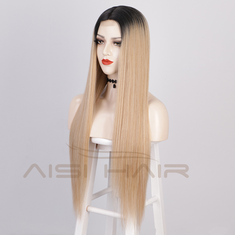 Aisi Hair 26 Inch Long Ombre Blonde Dark Root Lace Wig Cheap Silky Straight Synthetic Hair Lace Front Wigs For Black Women