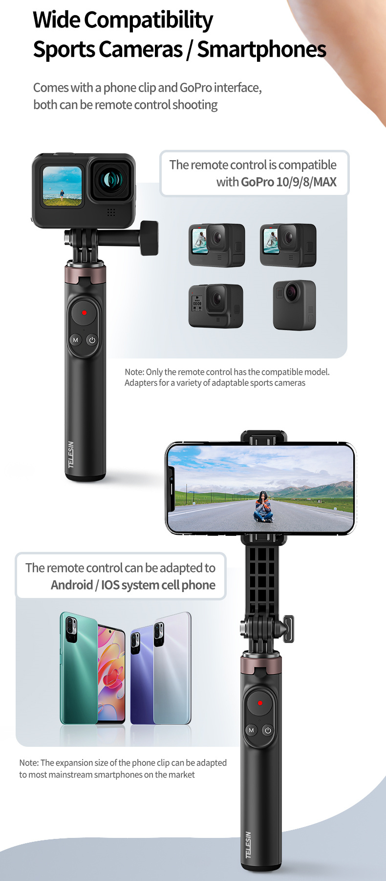 TELESIN WiFi Remote Control suitable for GoPro Hero 10 9 Max Hero 8 7 6 5 4 3 Black Hero 4 Session sports camera accessories