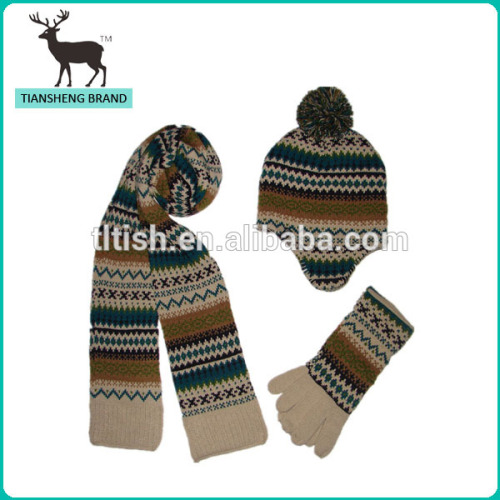 jacquard pattern knitted scarf, hat and gloves
