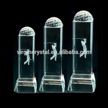 Golf sports awards crystal engraved golf player with golf ball on top rectangle block trophies for souvenirs