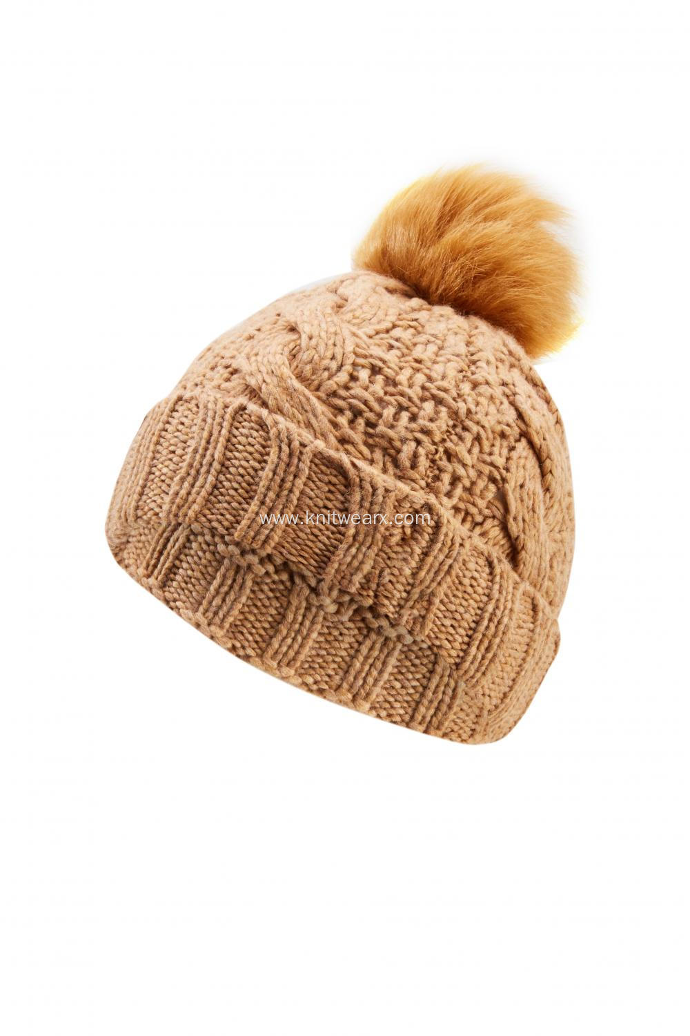 Girl's Knitted Cable Faux Fur Pompom Beanie Cap