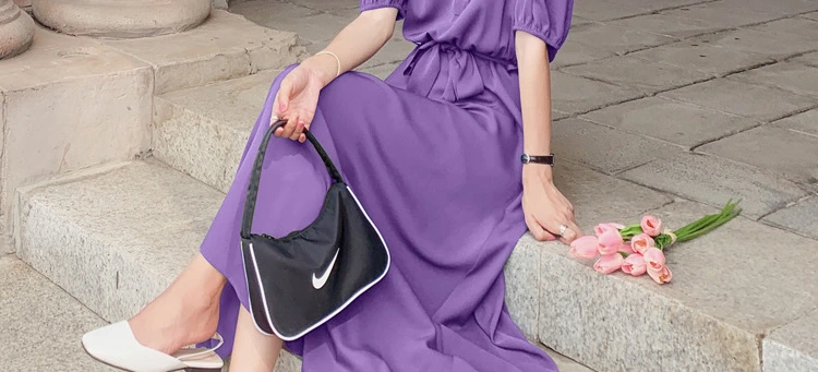 New Lapel Solid Color Women′ S Skirt Purple Long Chiffon Dress