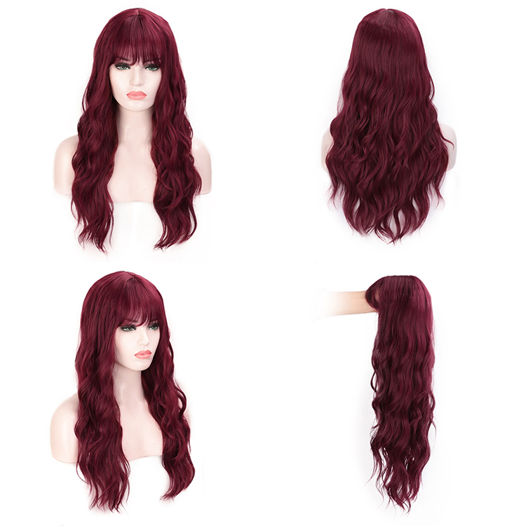 Vigorous Wine Red Long Wigs with Bangs Water Wave Synthetic Wig High Temperature Purple Brown Black Pink Cosplay Wig