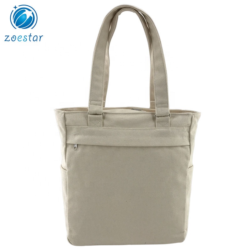 One Large Compartment Canvas Tote Shoulder Bag with Pockets Daily Shopping Bag