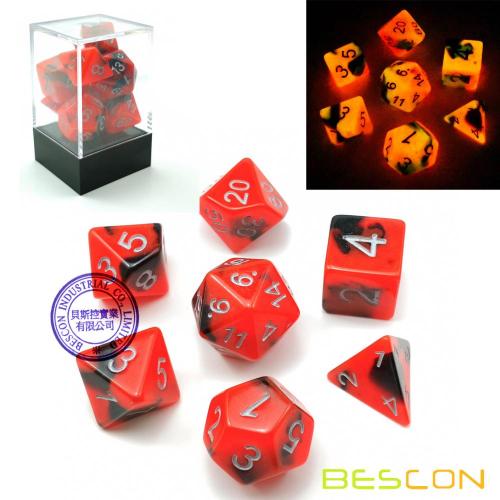 Bescon Two-Tone Glow-in-the-Dark polyedrischen Würfel Set HOT ROCKS, leuchtende RPG Würfel Set d4 d6 d8 d10 d12 d20 d% Brick Box Pack