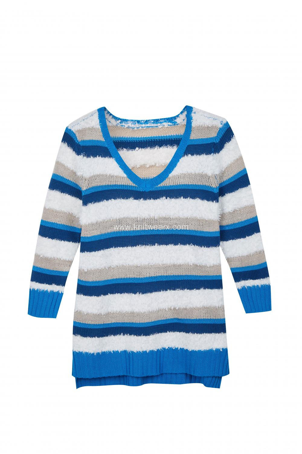 Women's Knitted Color Block Stripes V-Neck Pullover