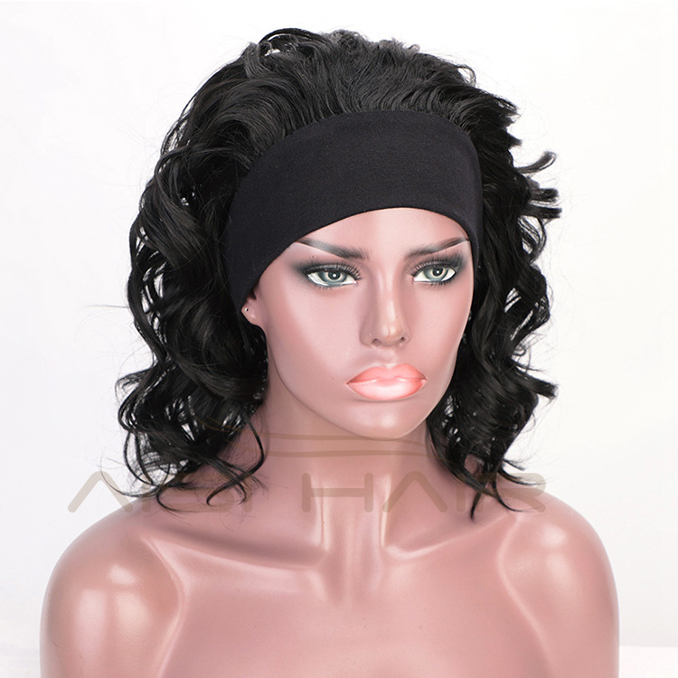 Aisi Hair Short Women Black Curly Wigs with Headband Heat Resistant Synthetic Fiber Wigs with Bandage For Lady