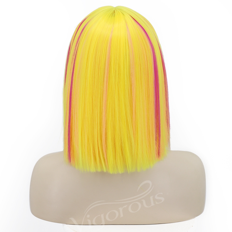 Yellow Highlight Red High Temperature Synthetic Bob Wigs With Flat Neat Bangs Short Straight Wigs for Women Wholesale