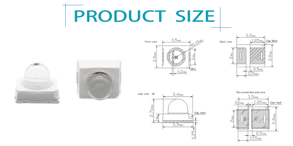 Size of 2835UBC47D2L17A15 2835 smd led Blue SMD LED 0.2W Domed Lens SMD LED 2835 PLCC2 Blue 470nm 475nm LED 15 degree lens