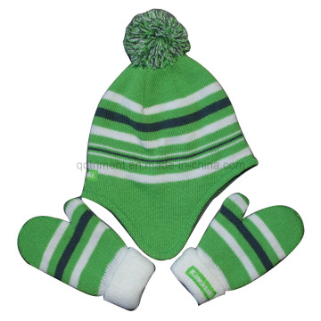 Acrylic POM Polar Fleece Lining Glove Earflap Knited Beanie (TM8381)