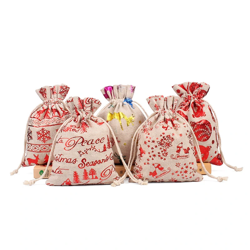 Christmas Linen Drawstring Bag Linen Cosmetic Bag Small Jute Bag for Cosmetic/Jewelry Gift