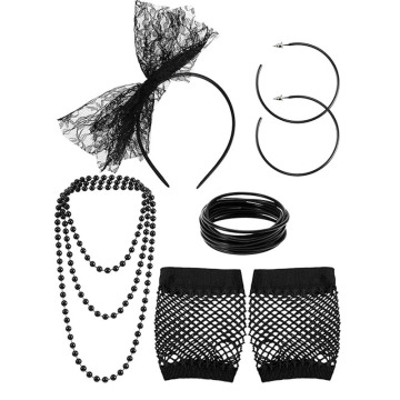 Neon Prom Party Accessories: Hair Bands, Earrings, Necklace, Bracelet, Gloves - 5 Piece Set
